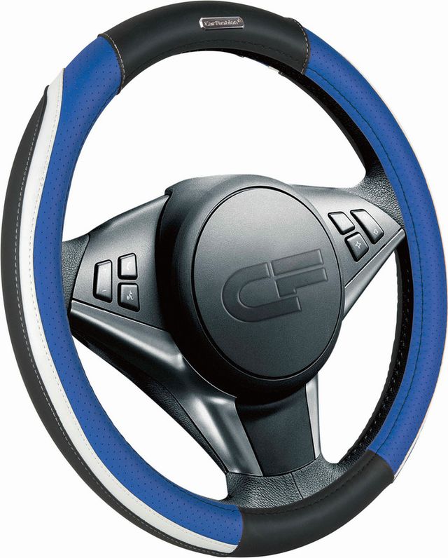 Оплётка на руль CarFashion Step (размер M, экокожа, цвет ЧЕРНЫЙ/СИНИЙ/БЕЛЫЙ/БЕЛЫЙ/ЧЕРНЫЙ/БЕЛЫЙ). Артикул 31305