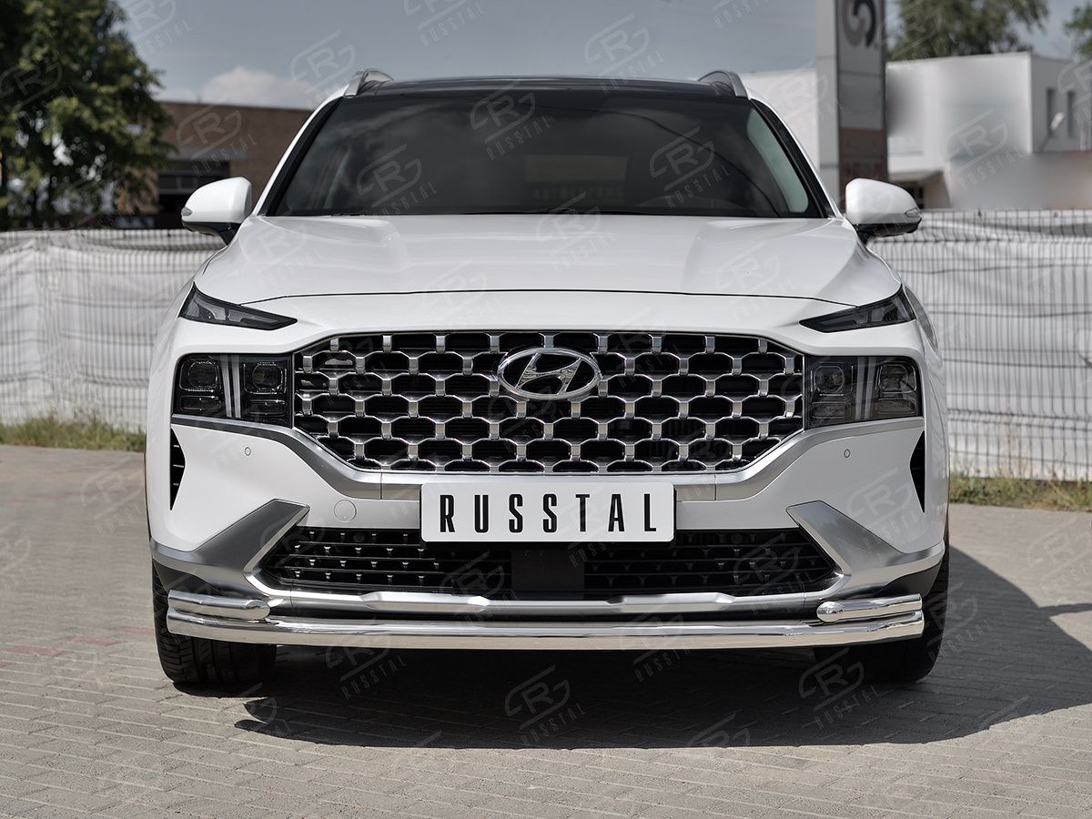 Защита RusStal переднего бампера d63 секции-d42 уголки для Hyundai Santa Fe IV рестайлинг 2021-2026. Артикул HSFZ-003598