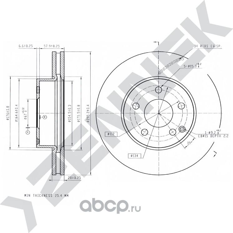 Диск тормозной передний MERCEDES W204 07-14 W212 09-16 (Zennek). Артикул DBD0874