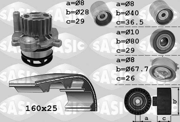 Помпа (водяной насос) с комплектом ремня ГРМ Sasic для Audi A4 IV (B8) 2007-2015. Артикул 3906079