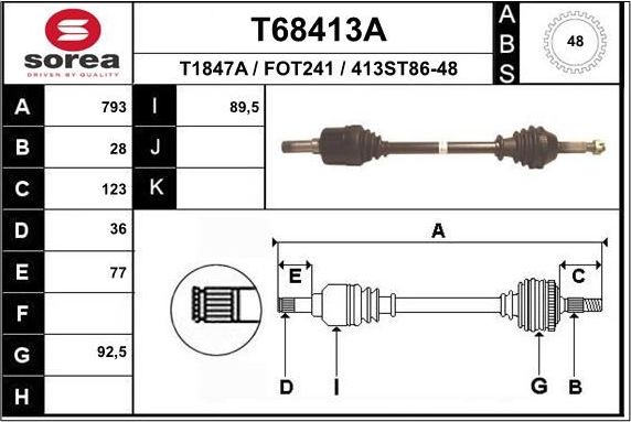 Полуось (привод в сборе, приводной вал) EAI. Артикул T68413A