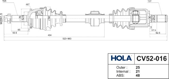 Полуось (привод в сборе, приводной вал) HOLA. Артикул CV52-016