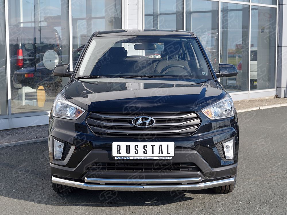 Защита RusStal переднего бампера d63 секция-d42 дуга для Hyundai Creta I 2016-2021. Артикул HCRZ-002418