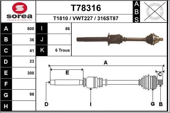 Полуось (привод в сборе, приводной вал) EAI. Артикул T78316