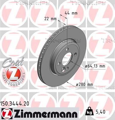Тормозной диск Zimmermann Coat Z передний для MINI Clubman I (R55) 2007-2014. Артикул 150.3444.20