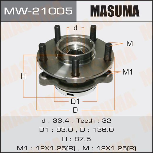 Ступица колеса с интегрированным подшипником Masuma передняя правая/левая для Nissan Murano Z51 2008-2014. Артикул MW-21005