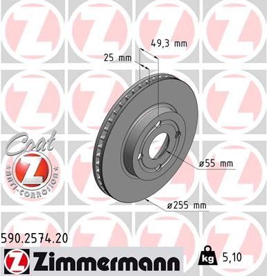 Тормозной диск Zimmermann Coat Z передний для Toyota Corolla E120, E130 2001-2008. Артикул 590.2574.20