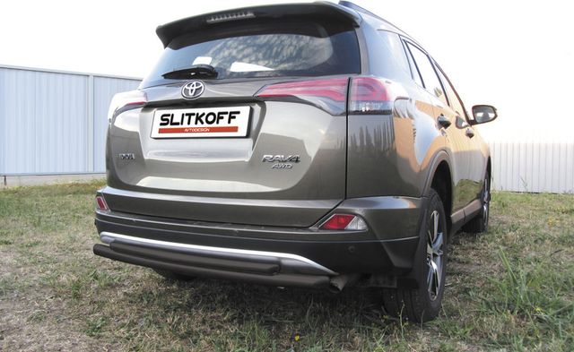 Защита Slitkoff заднего бампера d57+d42 двойная радиусная для Toyota RAV4 IV рестайлинг 2015-2019 Черная. Артикул TR415-009B