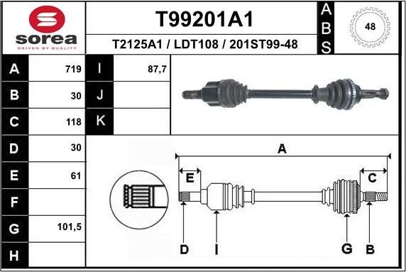 Полуось (привод в сборе, приводной вал) EAI. Артикул T99201A1