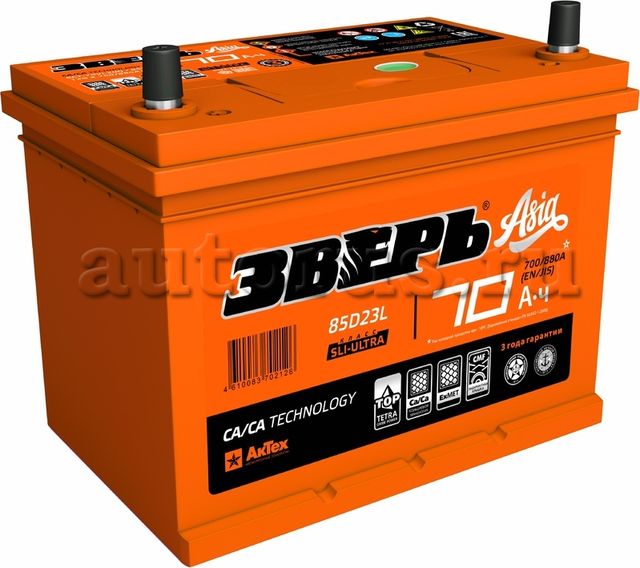 Аккумулятор ЗВЕРЬ ASIA 70 А/ч обратная R+ 232x175x225 EN700 А 85D23L. Артикул ZVKA 70-3-R