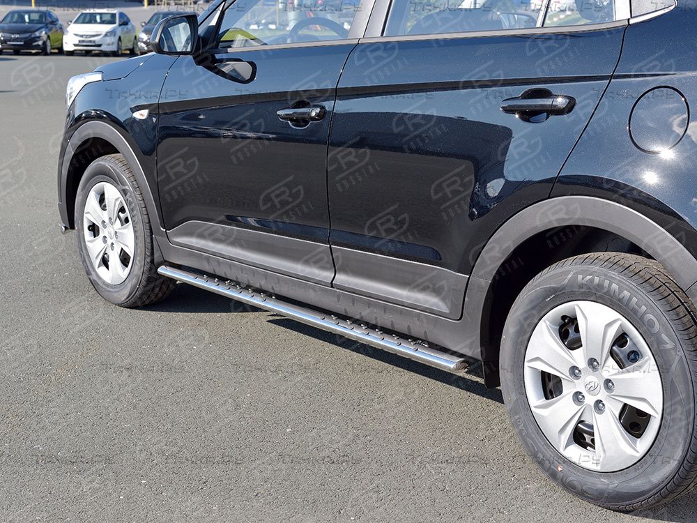 Защита порогов RusStal труба 75х42 овал с проступью для Hyundai Creta I 2016-2021. Артикул HCRO-002424