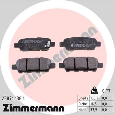 Тормозные колодки Zimmermann задние для Nissan Juke I 2010-2019. Артикул 23871.138.1