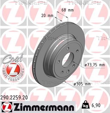 Тормозной диск Zimmermann Coat Z для Jaguar XJ I (2) 1994-1996. Артикул 290.2259.20