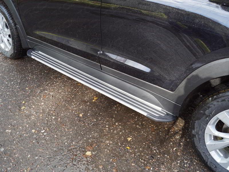 Пороги алюминиевые ТСС Slim Line Silver 1720 мм для Hyundai Tucson III рестайлинг 2018-2021. Артикул HYUNTUC18-33S