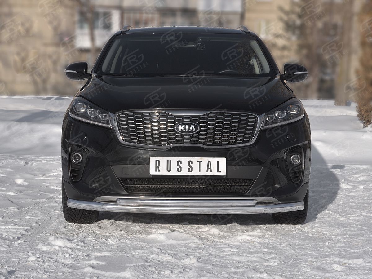 Защита RusStal переднего бампера d63 секции-d42 дуга для Kia Sorento III Prime рестайлинг 2017-2020. Артикул KSPZ-003135
