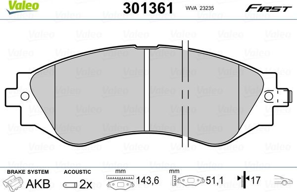Тормозные колодки Valeo First. Артикул 301361