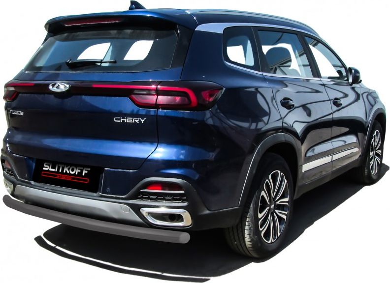 Защита Slitkoff заднего бампера d57 для Chery Tiggo 8 2018-2026 Серебристая. Артикул CT8-005S