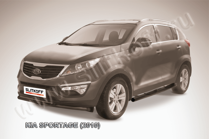 Защита Slitkoff переднего бампера d57/42 двойная ЧЕРНАЯ матовая для Kia Sportage III 2010-2014. Артикул KSP010-004B