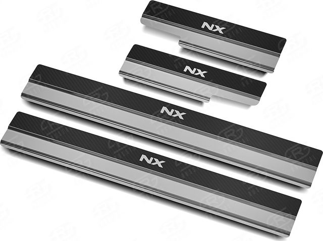 Накладка RusStal на пороги (лист нерж. карбон., с надписью) для Lexus NX I до рестайлинга 2014-2017 кроме F-Sport. Артикул LEXNX14-06