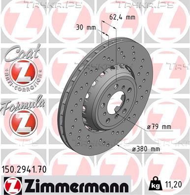 Тормозной диск Zimmermann Formula Z Coat Z передний правый для BMW 3 VI (F3x) 2014-2018. Артикул 150.2941.70