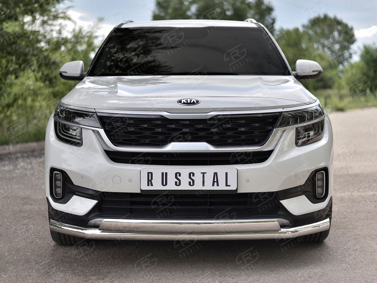 Защита RusStal переднего бампера d63 (секции) d75х42 (дуга) для Kia Seltos 2020-2026. Артикул KSLZ-003414