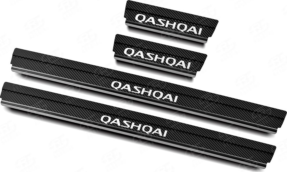 Накладки RusStal на пороги (лист нерж., карбон, надпись) для Nissan Qashqai II 2013-2018. Артикул NISQASH14-06