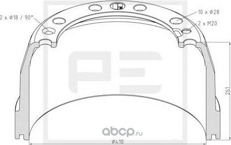 146.131-00A_торм.барабан !410x175/199 H=261 d=282 n10-335-d28 2отв.M18 /Volvo FH (PE) PE. Артикул 14613100A