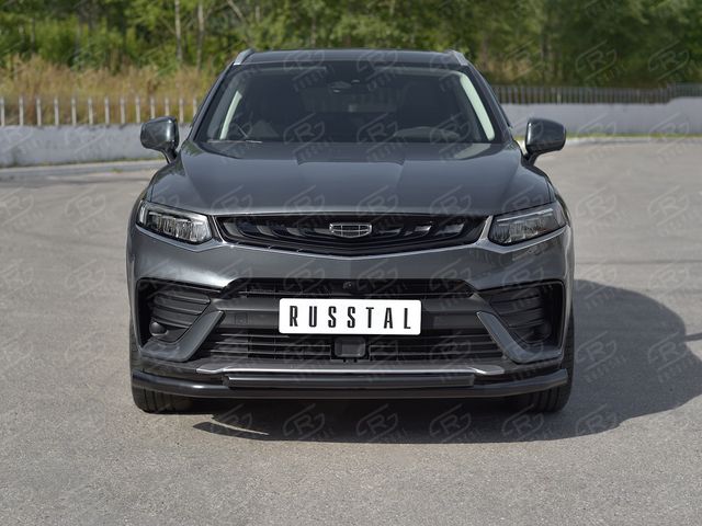 Защита RusStal переднего бампера d63 секции-d42 дуга для Geely Tugella 2020-2026 Черная. Артикул GTGZ-003943CH