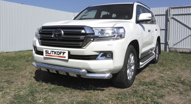 Защита Slitkoff переднего бампера d76+d76 двойная с профильной защитой картера для Toyota Land Cruiser 200 рестайлинг 2015-2021. Артикул TLC2-15-001