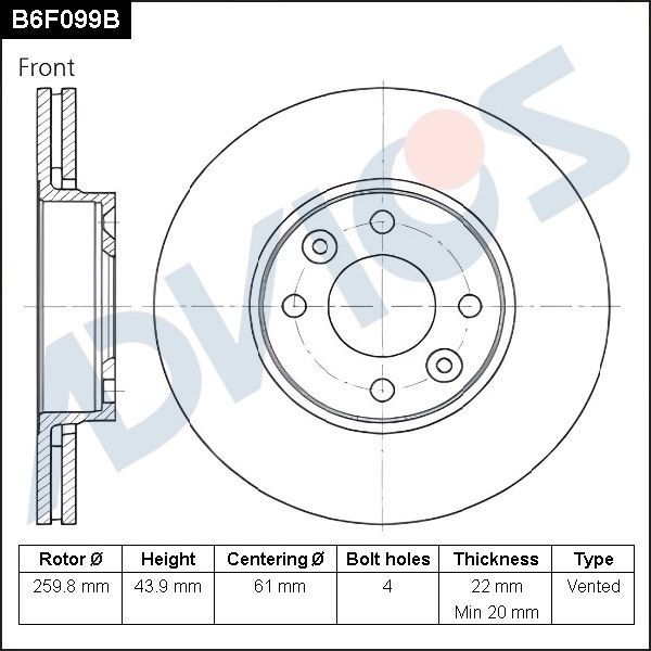 Тормозной диск Advics для Renault Twingo II 2007-2014. Артикул B6F099B