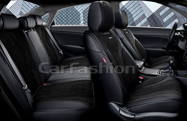 Комплект универсальных каркасных чехлов CarFashion 5D Symbol Plus на сидения авто, цвет Черный/Черный/Черный. Артикул 27250