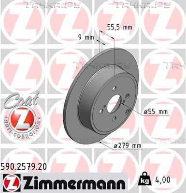 Тормозной диск Zimmermann Coat Z задний для Toyota Corolla E120, E130 2001-2007. Артикул 590.2579.20