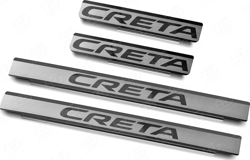 Накладки RusStal на пороги (лист нерж. шлифованный с надписью) для Hyundai Creta I 2016-2021. Артикул HYCER16-03
