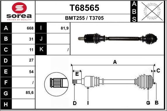 Полуось (привод в сборе, приводной вал) EAI. Артикул T68565