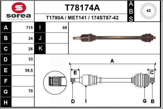 Полуось (привод в сборе, приводной вал) EAI. Артикул T78174A