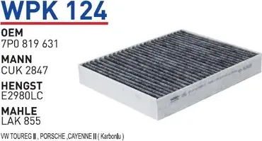 Фильтр салонный (угольный) VW TOUAREGPORSCHE CAYENNE 10- угольный WUNDER FILTER Wunder. Артикул WPK124