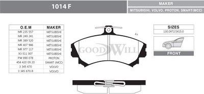 Тормозные колодки GoodWill передние для Mitsubishi Carisma I 1995-2006. Артикул 1014 F