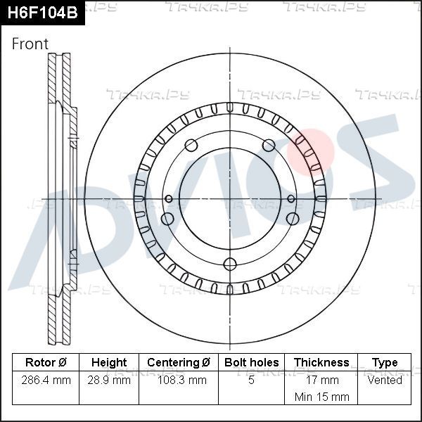 Тормозной диск Advics для Suzuki Grand Vitara II 1998-2005. Артикул H6F104B