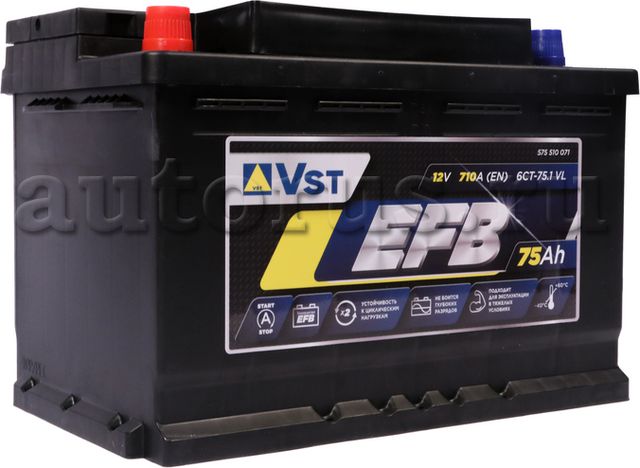 Аккумуляторная батарея V СТАНДАРТ [12V 75Ah 710A) (VST). Артикул 575510071