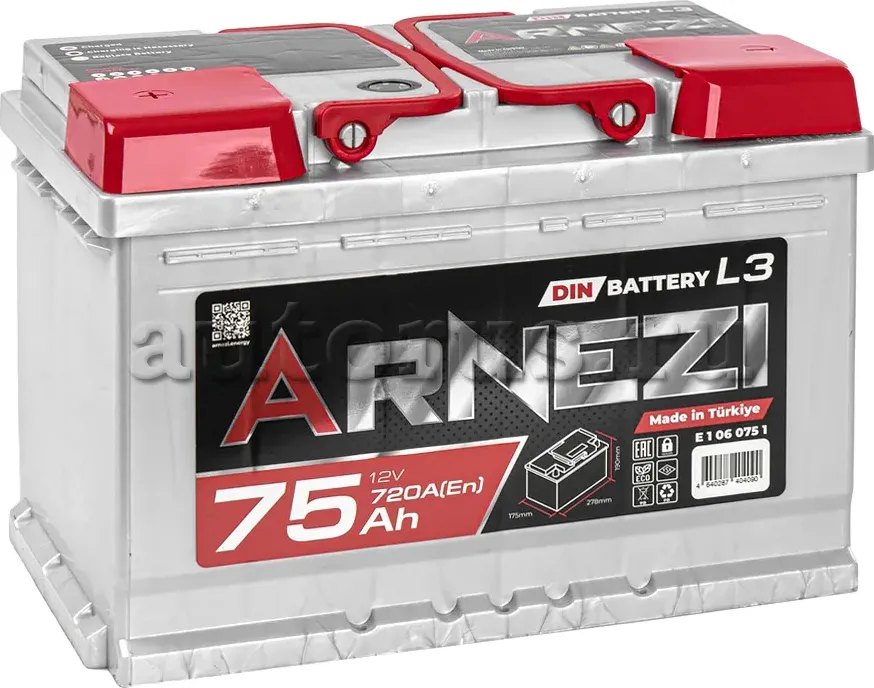 Аккумулятор Arnezi DIN SMF 75 А/ч прямой L(+) 278х175х190 L3 EN720 A Arnezi. Артикул E1060751