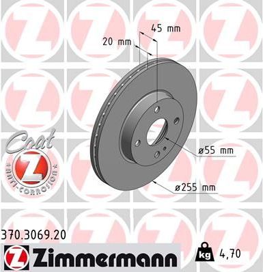 Тормозной диск Zimmermann Coat Z передний для Mazda MX-5 II (NB) 1998-2005. Артикул 370.3069.20