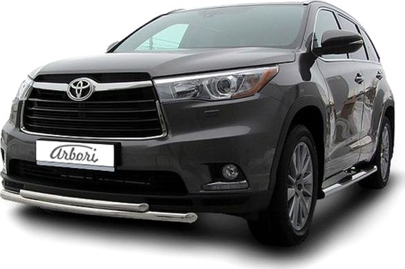 Защита Arbori переднего бампера d57+d42 двойная радиусная для Toyota Highlander III 2014-2026. Артикул AFZDATHI1404