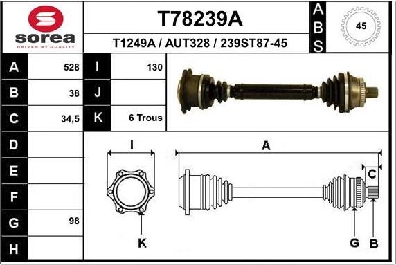 Полуось (привод в сборе, приводной вал) EAI передняя левая для Audi A4 I (B5) 1995-2001. Артикул T78239A