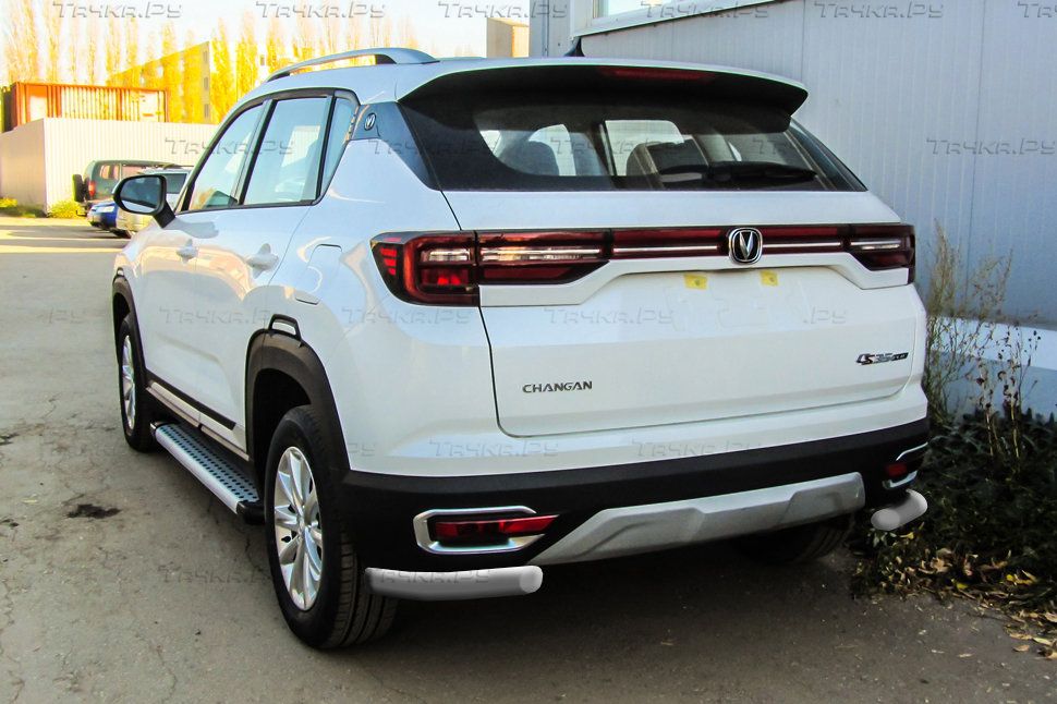 Защита Slitkoff заднего бампера d57 уголки для Changan CS35 Plus 2019-2026 Серебристая. Артикул CHANCS35P-009S