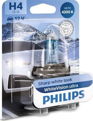 H4 12V- 60/55W (P43t) (абсолютно белый свет+увелич. срок службы) WhiteVision ultra блистер (1шт.) Philips WhiteVision ultra. Артикул 12342WVUB1