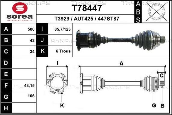 Полуось (привод в сборе, приводной вал) EAI. Артикул T78447
