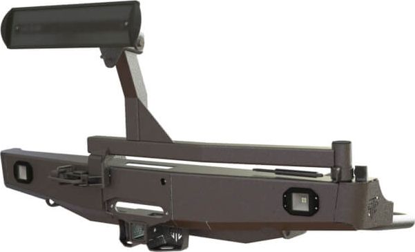 Бампер силовой STC задний для Mitsubishi L200 IV 2006-2015 с квадратом под фаркоп, площадкой под лебедку, кронштейном крепления запасного колеса по центру, кронштейном крепления гос номера и фарами заднего хода/ ПТФ. Артикул STC-ML200/06-BR-W-C1-L2