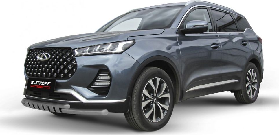 Защита Slitkoff переднего бампера d57+d42 двойная с декоративными элементами для Chery Tiggo 7 Pro 2020-2026 Серебристая. Артикул CT7PR-001S