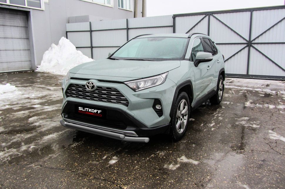 Защита Slitkoff переднего бампера d57+d42 двойная для Toyota RAV4 V 2018-2026 Серебристая. Артикул TR419-001S