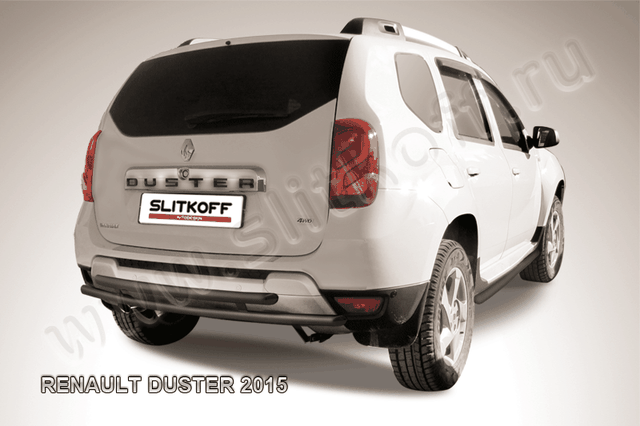 Защита Slitkoff заднего бампера d42+d42 двойная для Renault Duster I рестайлинг 2015-2020 Черная. Артикул RD15009B
